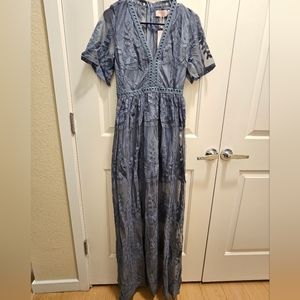 Pink Lily Crossing Paths Lace Maxi Blue Dress Romper size S NWT
